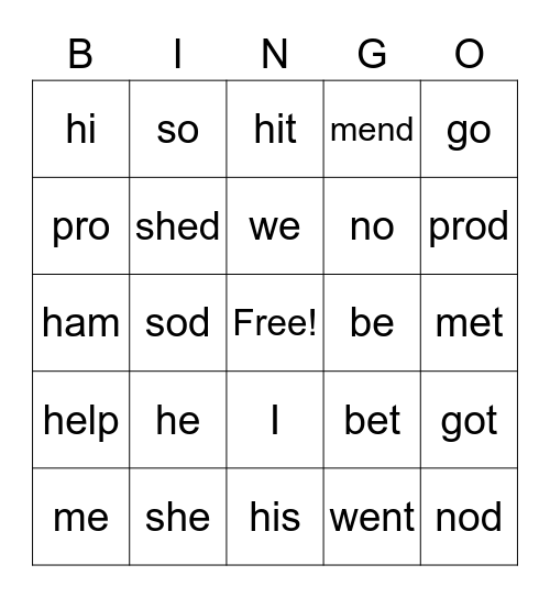 open/closed syllable bingo Card