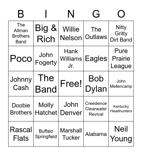 Country Rock Bingo Card