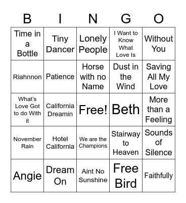 Rock Ballads Bingo Card