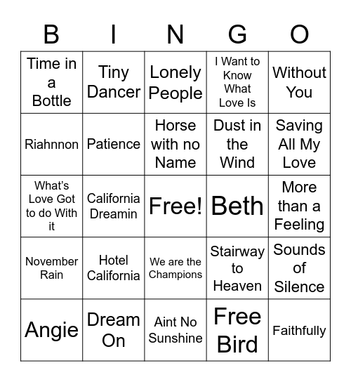 Rock Ballads Bingo Card