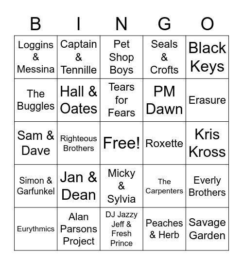 Rock Duos Bingo Card