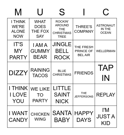 Bubblegum * Kids * Holiday * Themes * Tik-Tok Bingo Card