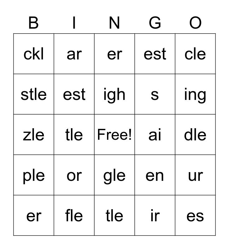 Suffixes, Vowel Pair, Vowel r, and Final Stable Syllables Bingo Card