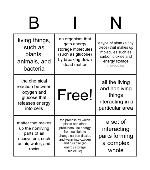 Vocabulary Bingo- Matter and Energy in Ecosystems Bingo Card