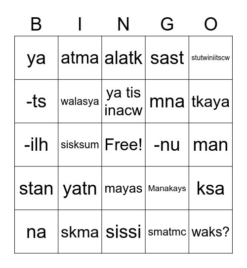 Nuxalk Unit #1 Bingo Card