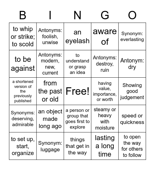 Unit 5 Bingo Card