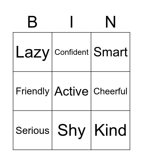 Adjective of character Bingo Card