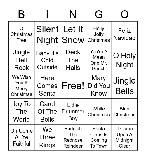 Christmas Songs Bingo Card