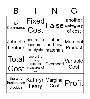 Cost and Revenue Bingo Card