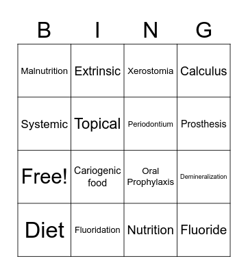 Nutrition and Oral Hygiene Bingo Card