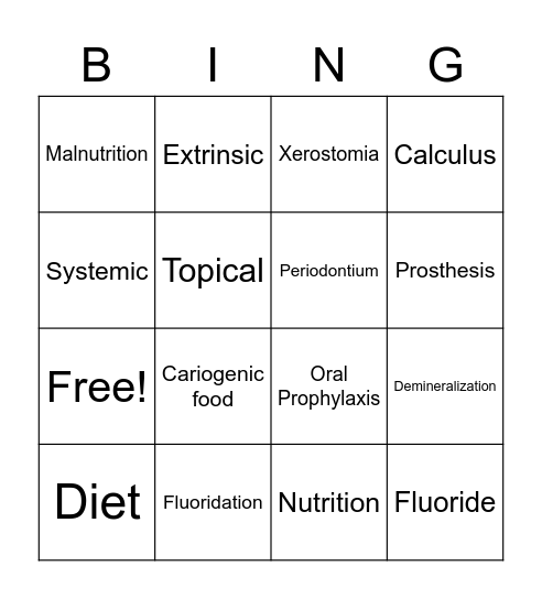 Nutrition and Oral Hygiene Bingo Card