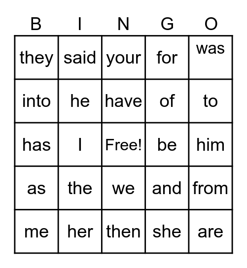 Trick Word Bingo Card