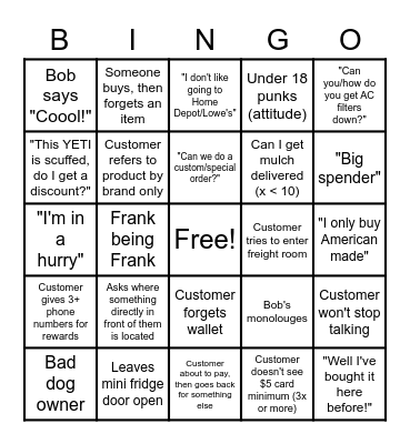 Millers Bingo Card
