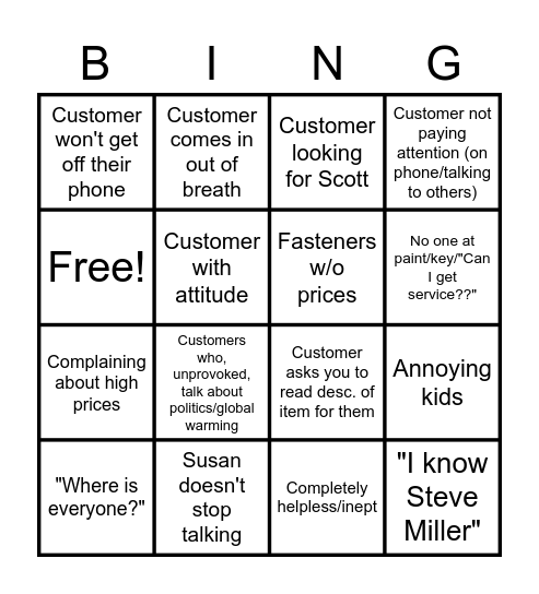 Millers Bingo Card