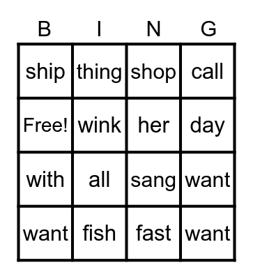 Digraphs Bingo Card