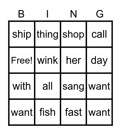 Digraphs Bingo Card