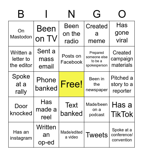 Communications Bingo Card