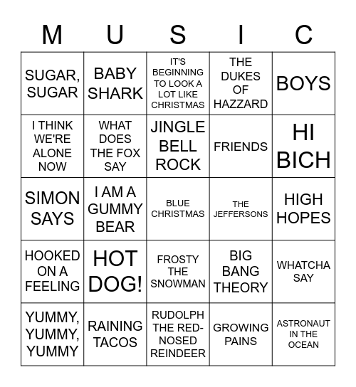 Bubblegum * Kids * Holiday * Themes * Tik-Tok Bingo Card