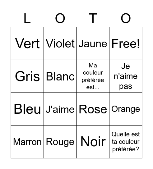 Les couleurs Bingo Card