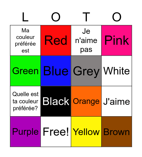 Les couleurs Bingo Card