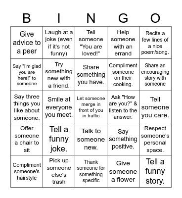 World Kindness Day Bingo Card