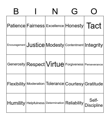 Virtues Bingo Card