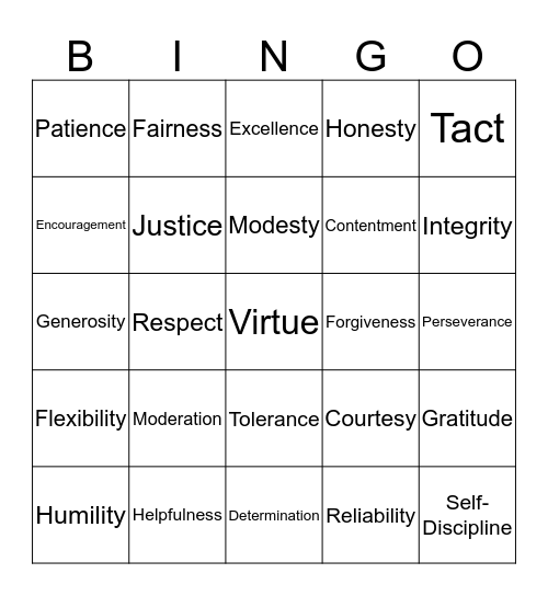 Virtues Bingo Card