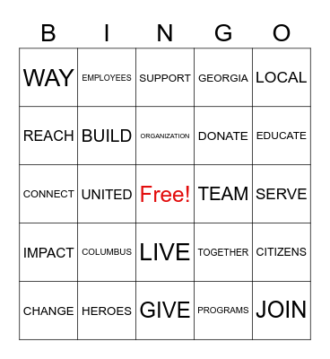 CCG - United Way Bingo Word Game Bingo Card