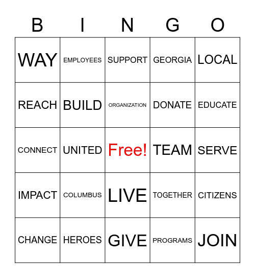 CCG - United Way Bingo Word Game Bingo Card