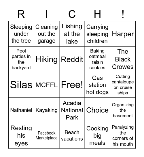 Rich's Favorite Things Bingo Card