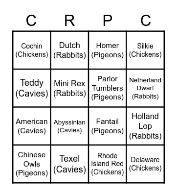 Small Animal Breed Bingo Card