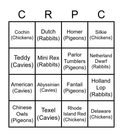 Small Animal Breed Bingo Card