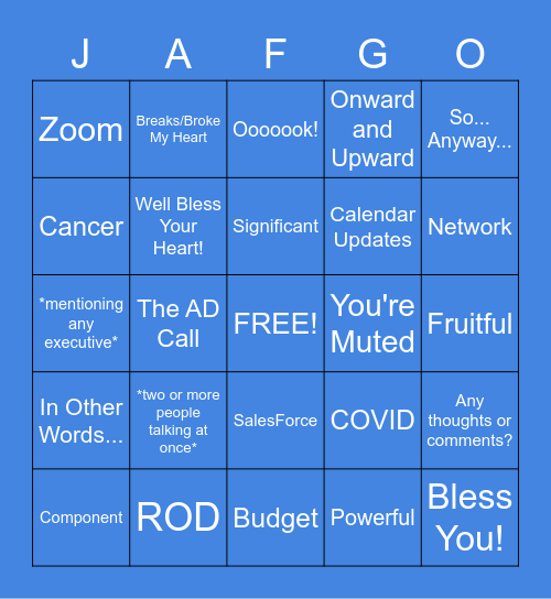 Staff Meeting JAFGO Bingo Card