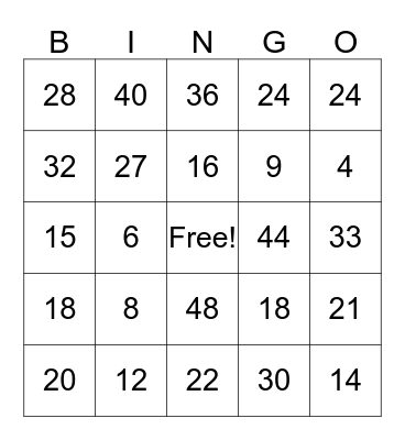 Multiplication Bingo Card