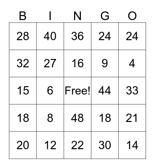 Multiplication Bingo Card