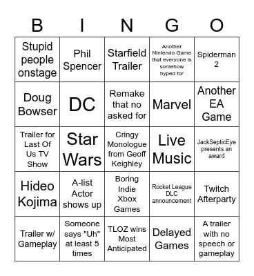 Game Awards 2022 Bingo Card