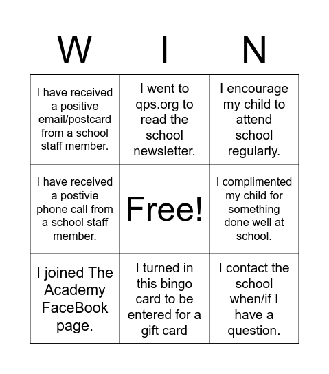 FAMILY INVOLVEMENT ACTIVITY Bingo Card