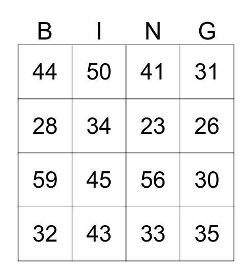 NUMBER BINGO Card