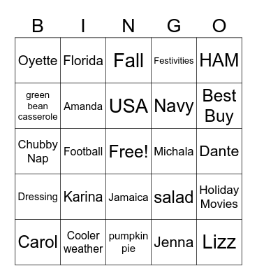 Turkey Bingo Card