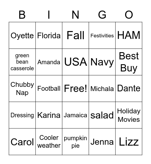 Turkey Bingo Card