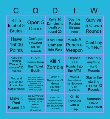 COD Infinite Warfare Zombies Bingo Hard Mode Bingo Card
