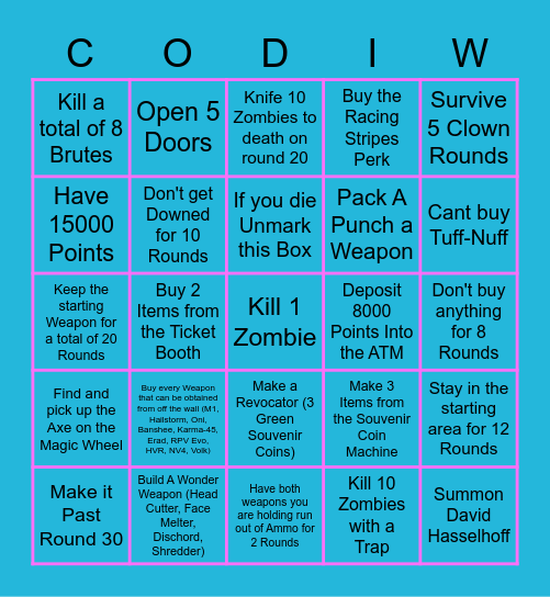 COD Infinite Warfare Zombies Bingo Hard Mode Bingo Card