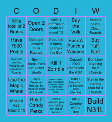 COD Infinite Warfare Zombies Bingo Easy Mode Bingo Card