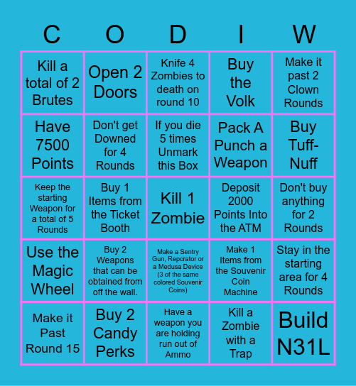 COD Infinite Warfare Zombies Bingo Easy Mode Bingo Card