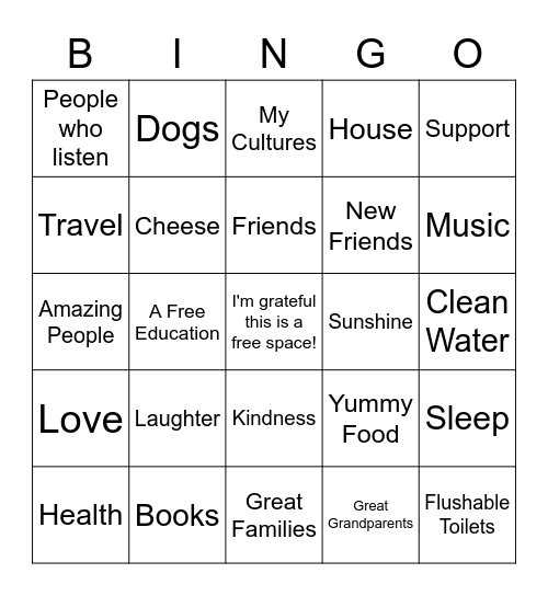 Gratitude BINGO Card