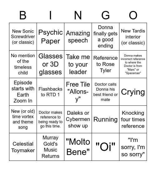 Doctor Who 60th special Bingo Card