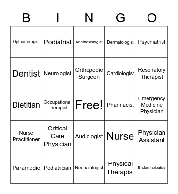 Medical Professional Bingo Card