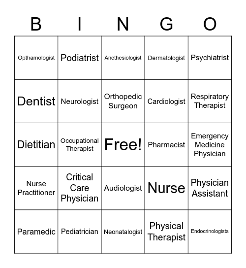 Medical Professional Bingo Card