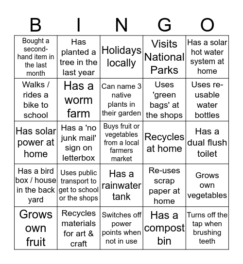 Sustainability Bingo Card