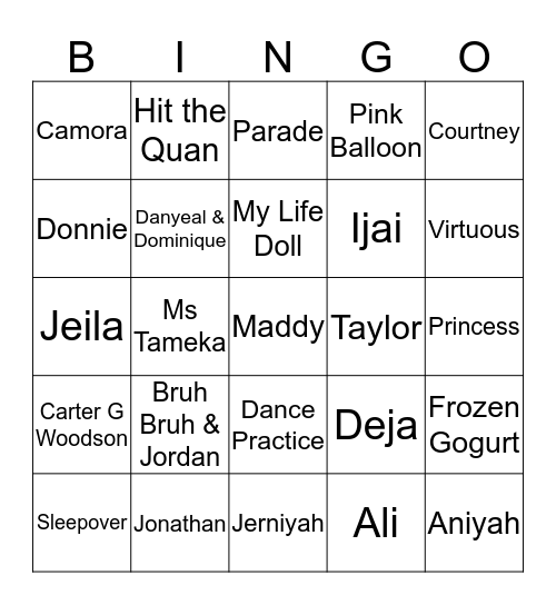 Deja's 11th Birthday Bingo Card